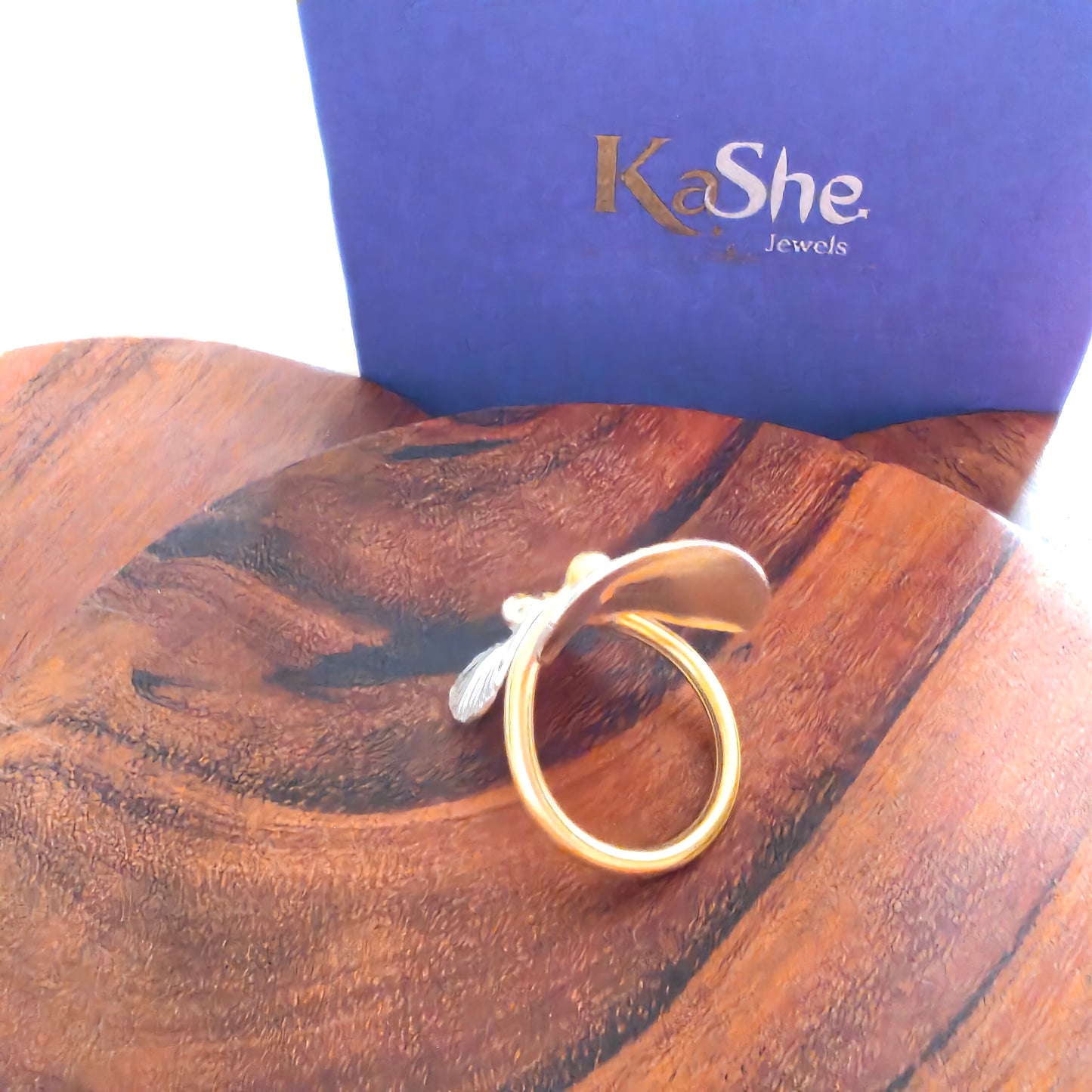Boho Dual Tone Adjustable Sterling Silver Ring With Wrapped Leaves