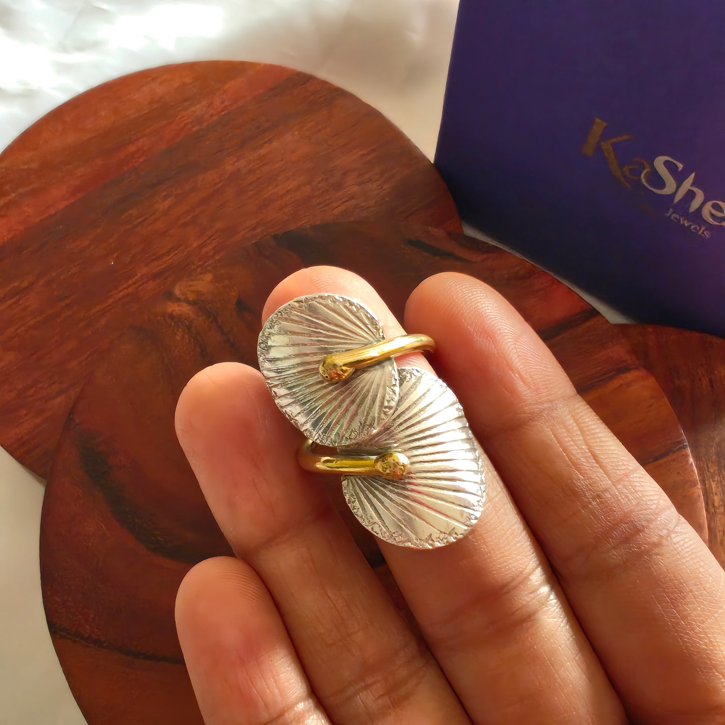 Boho Dual Tone Adjustable Sterling Silver Ring With Wrapped Leaves