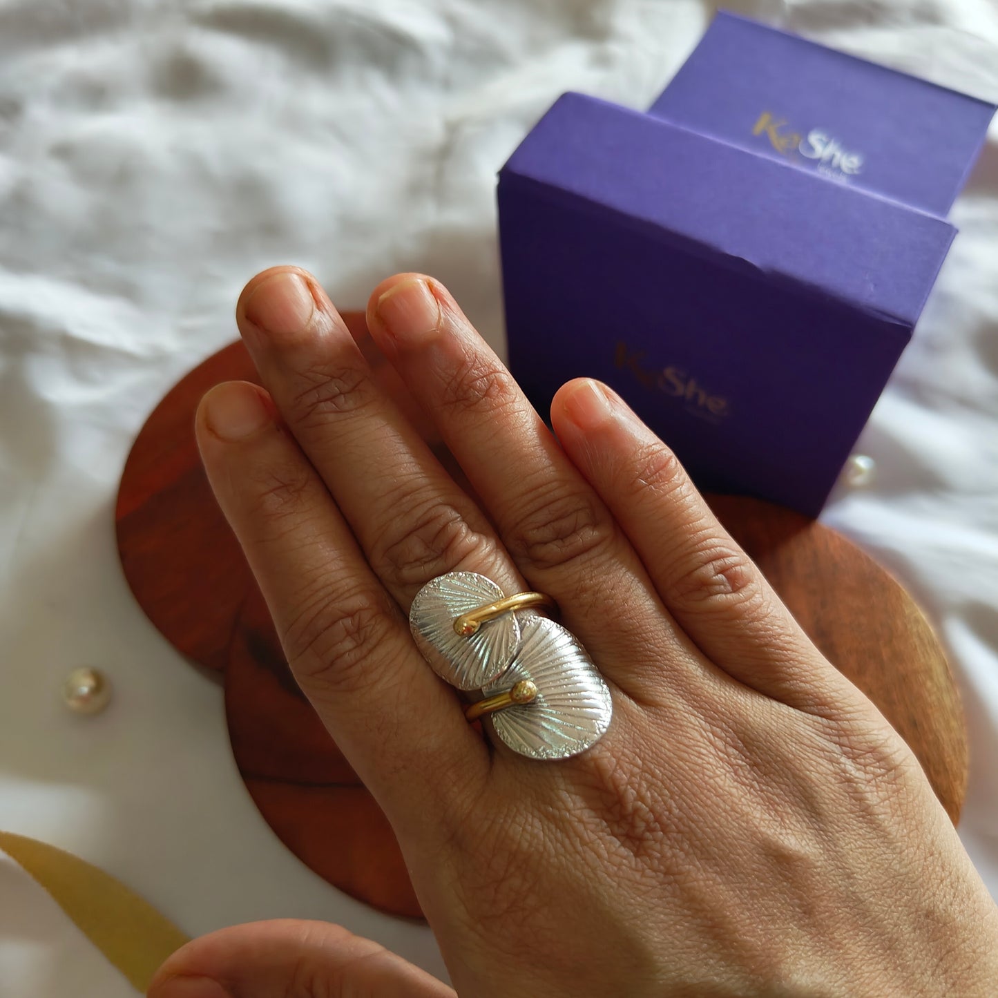 Boho Dual Tone Adjustable Sterling Silver Ring With Wrapped Leaves