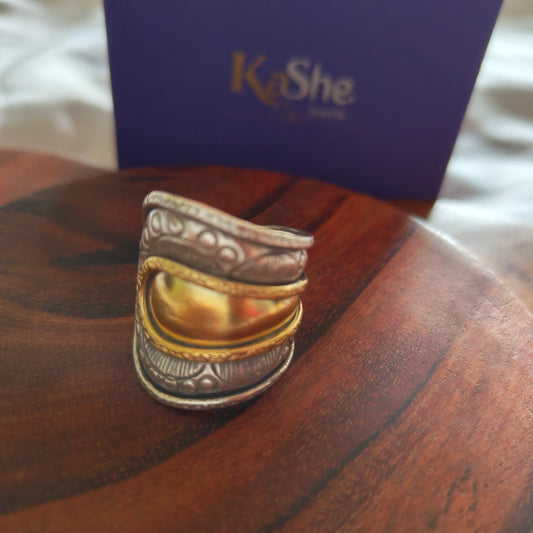 Boho Dual Tone Textured Sterling Silver Ring With Tapered band