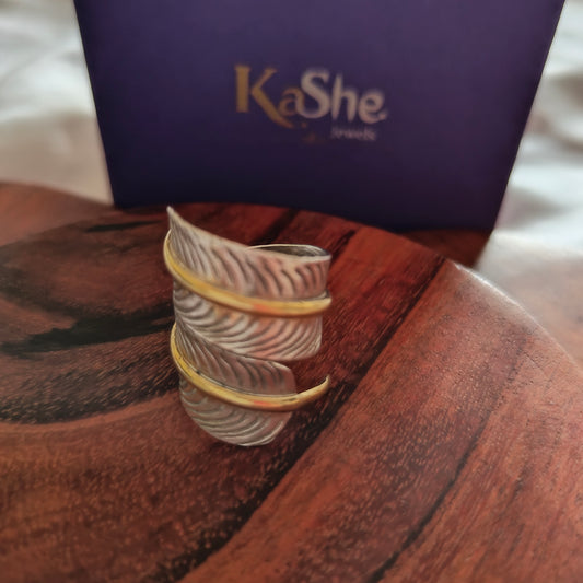 Boho Dual Tone Adjustable Textured Spiral Leave Sterling Silver Ring