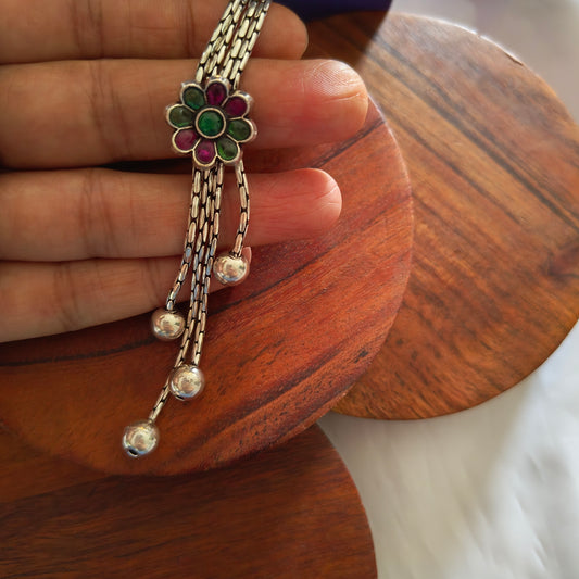 Versatile Pink Green Stone Flower Necklace With Ball Drops