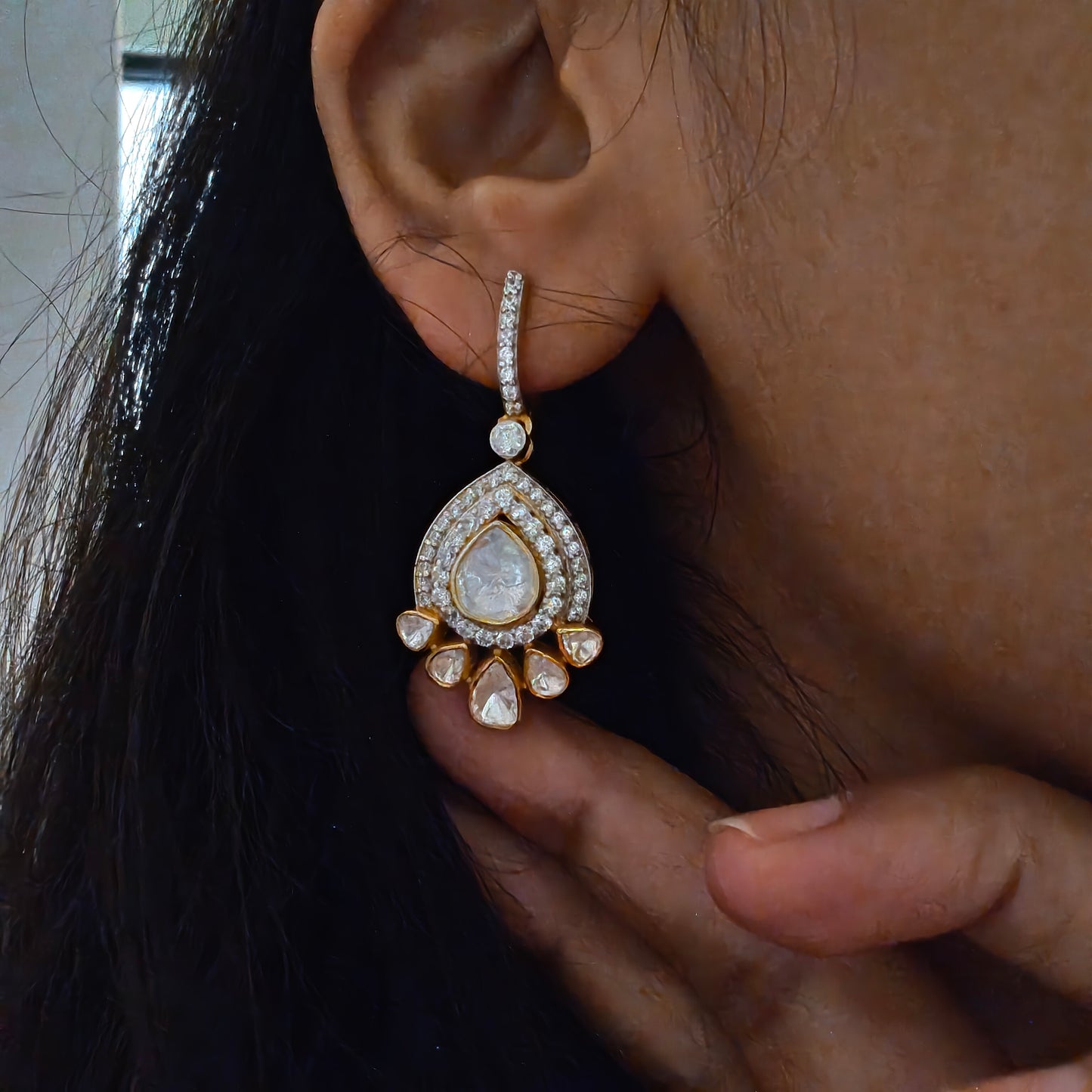 Gold Plated Statement 925 Silver Mossainite Dangling With Hoops