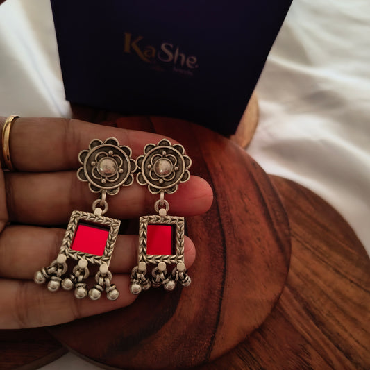 Intricate Silver Floral Stud Bright Red Square Shape Glass Hanging with Silver Ball Danglers