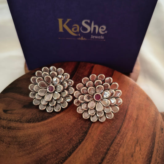 Elegant 3D Multi-Layered Petal Intricate White Kundan Stud With Pink Stone Big
