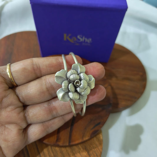 Statement 3D Textured Flower Cuff Open Kada Bracelet