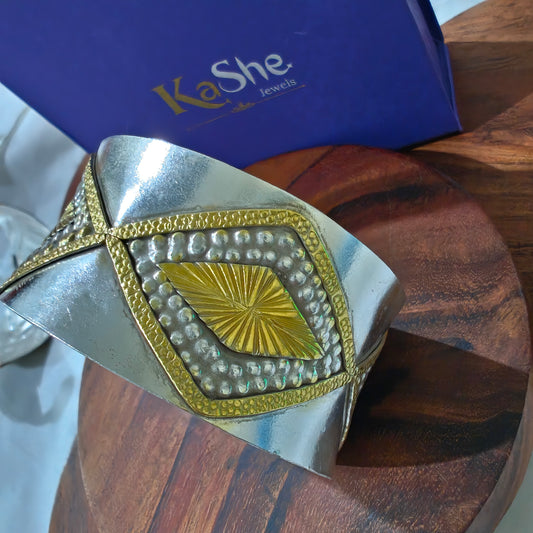 Dual Toned Gold Polished Statement Exclusive Diamond Pattern 925 Silver Cuff Bracelet