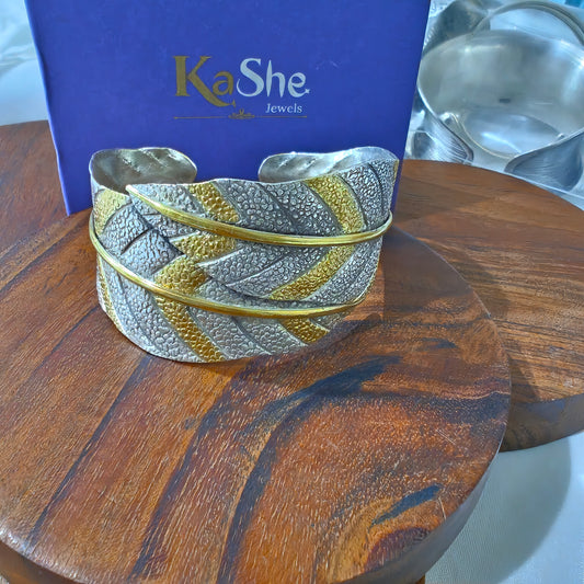 Dual Toned Gold Polished Statement Exclusive Leaf 925 Silver Cuff Bracelet
