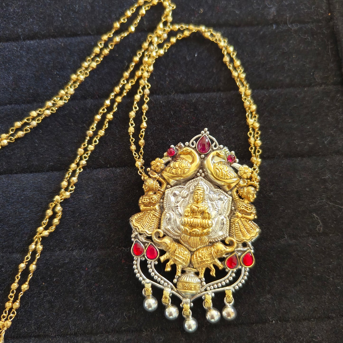 Gold Polished Temple Necklace Dual Toned with intricately carved Godess Lakshmi Pendant with Double Layered Gold Polished Ball Chain