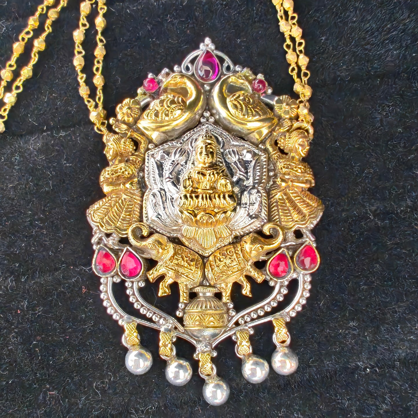 Gold Polished Temple Necklace Dual Toned with intricately carved Godess Lakshmi Pendant with Double Layered Gold Polished Ball Chain