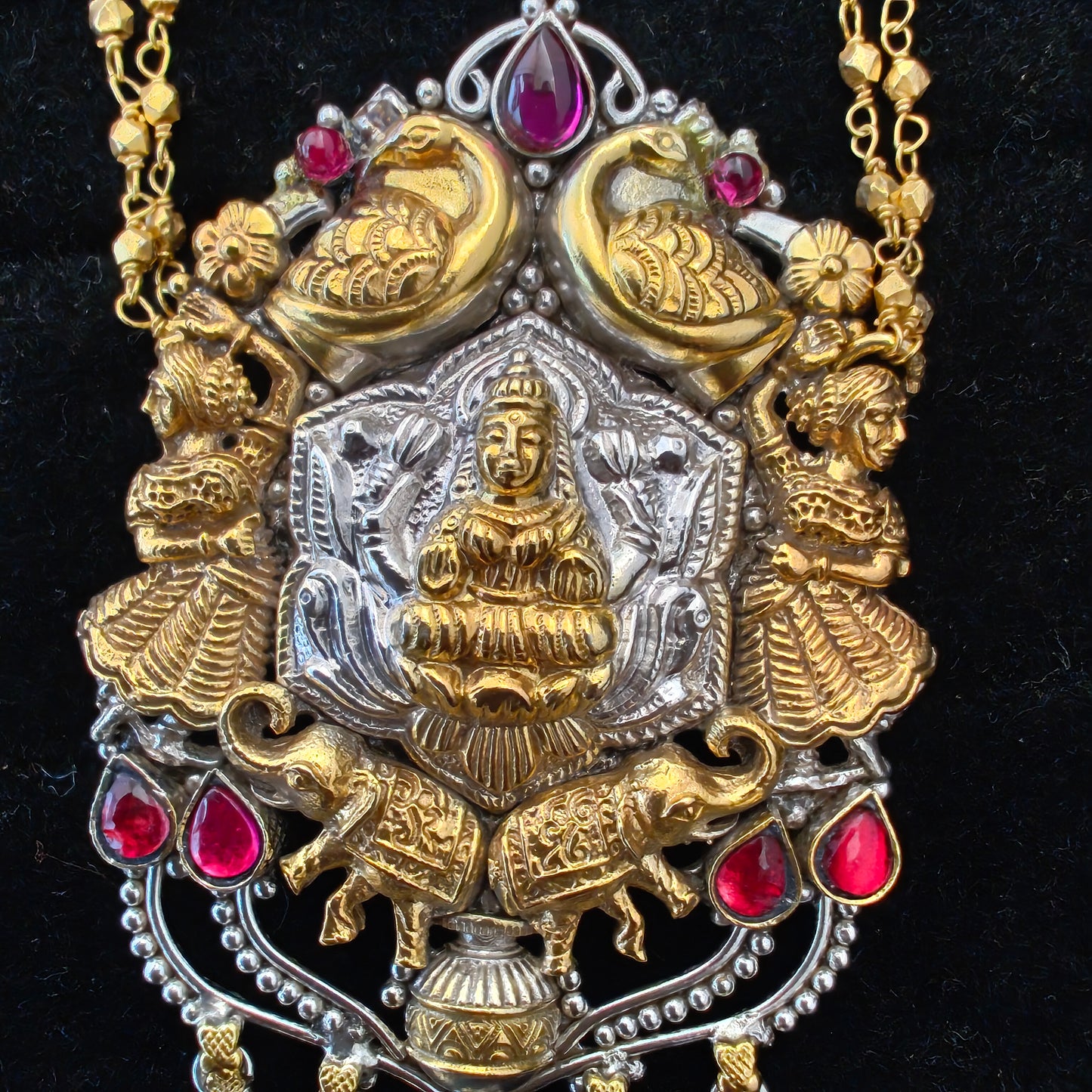 Gold Polished Temple Necklace Dual Toned with intricately carved Godess Lakshmi Pendant with Double Layered Gold Polished Ball Chain
