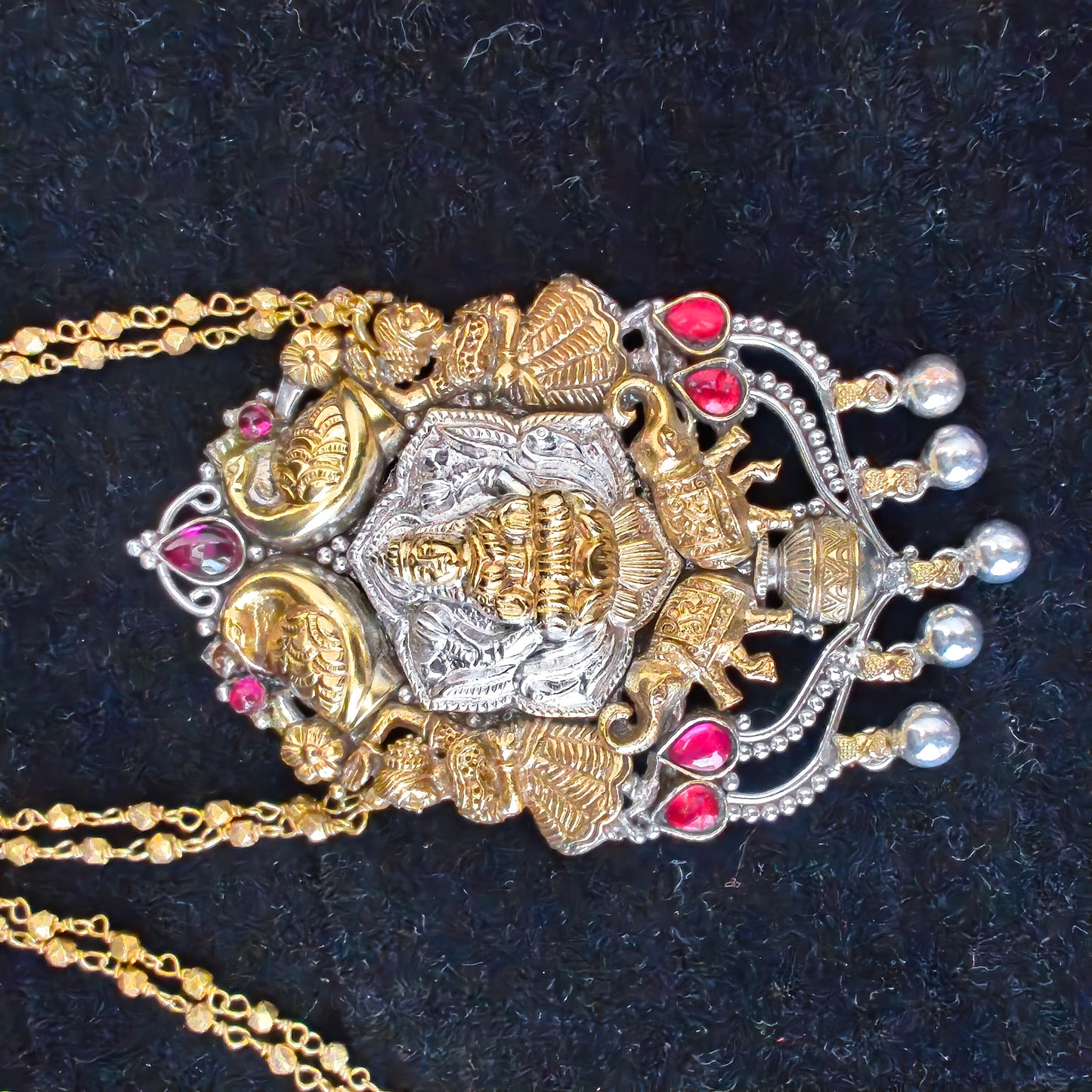 Gold Polished Temple Necklace Dual Toned with intricately carved Godess Lakshmi Pendant with Double Layered Gold Polished Ball Chain