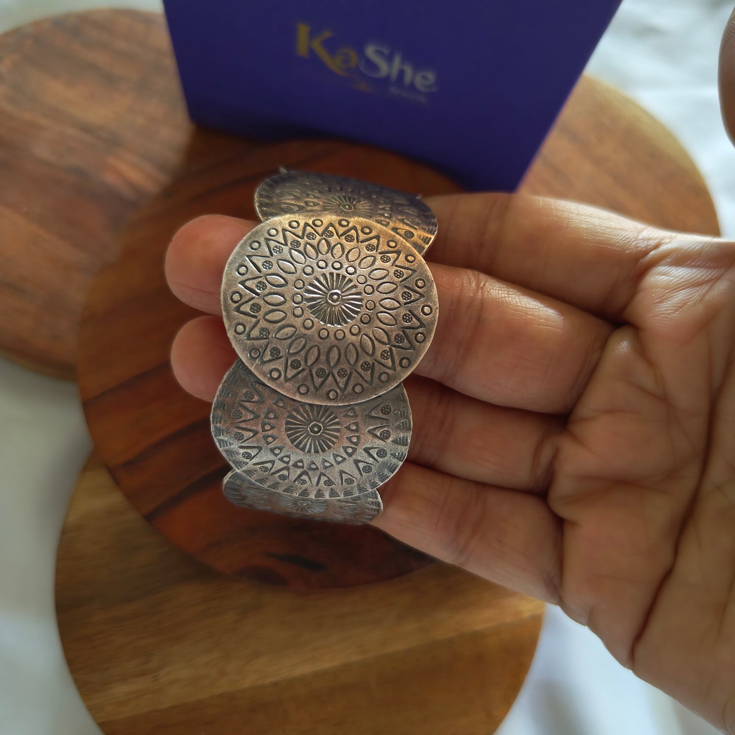 Statement Exclusive Circular Patterned 925 Silver Cuff Bracelet