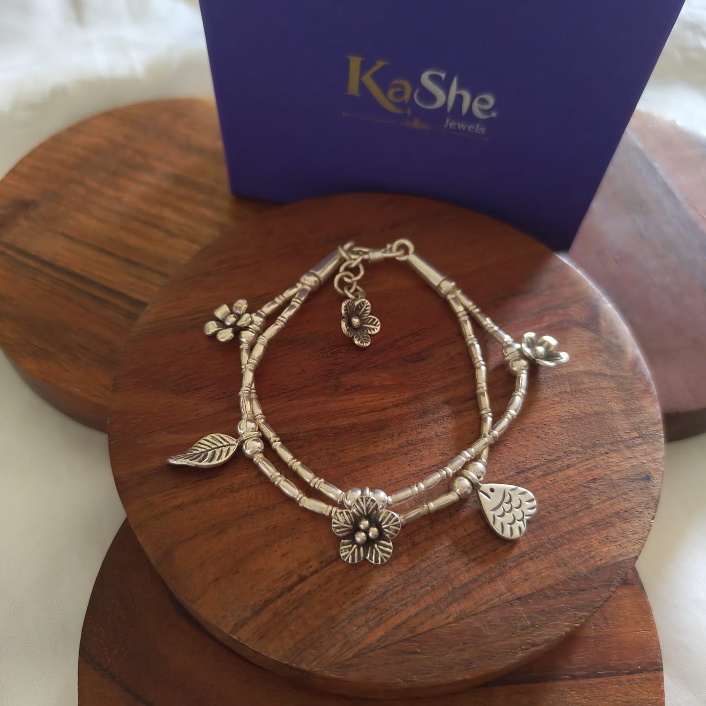 Exquisite Statement Loose Bracelet With Fishes  Flowers Leaves Charms Two Layer