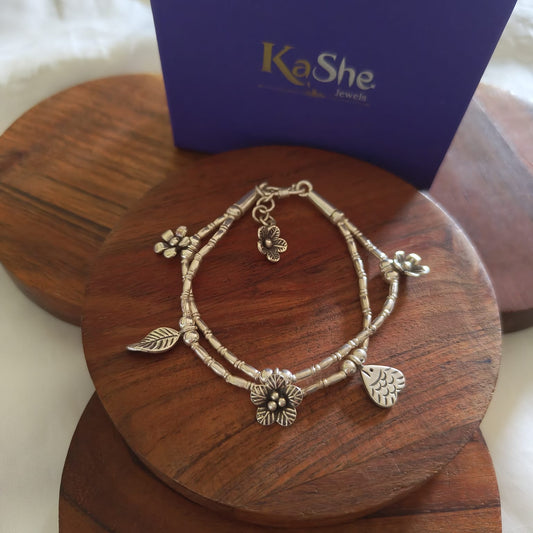 Exquisite Statement Loose Bracelet With Fishes  Flowers Leaves Charms Two Layer