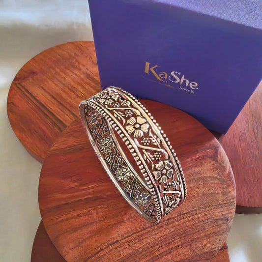 Silver Flower And Leaf Jaali Bangle, 2.6 Small