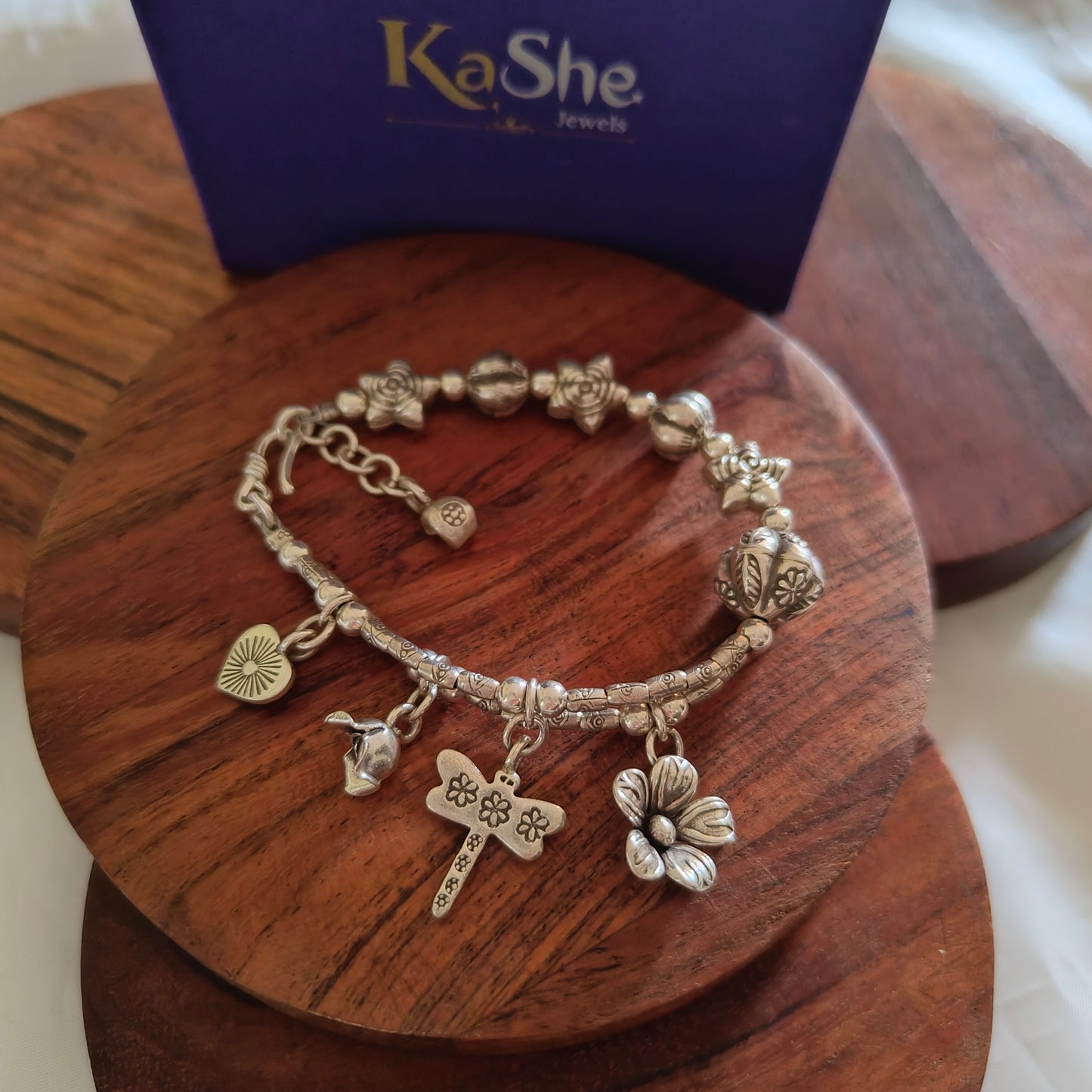 Exquisite Statement Loose Bracelet With Dragonfly Flower Rose Heart Balls Stars Charms (One Side Double Layer)