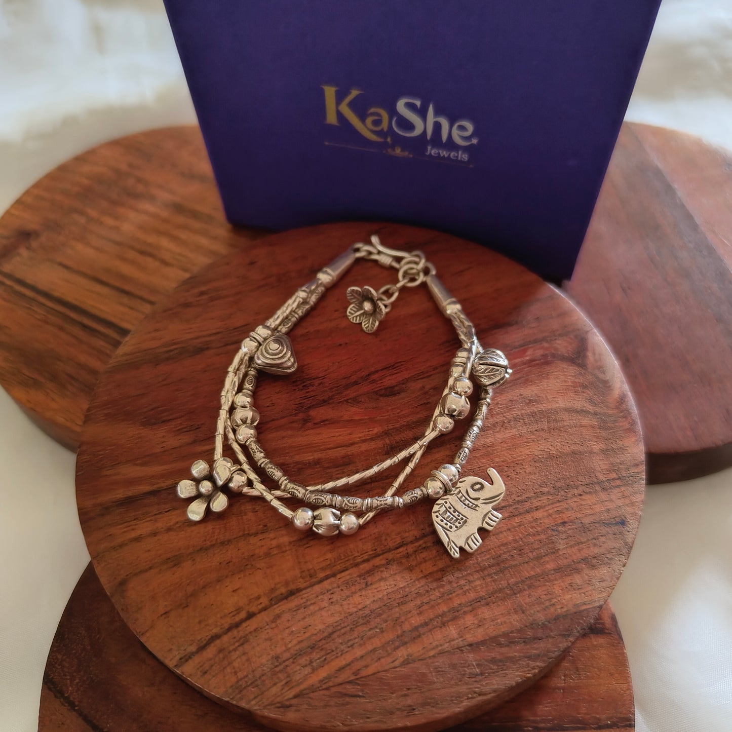 Exquisite Statement Loose Bracelet With Elephant Flower Balls Charms Three Layer