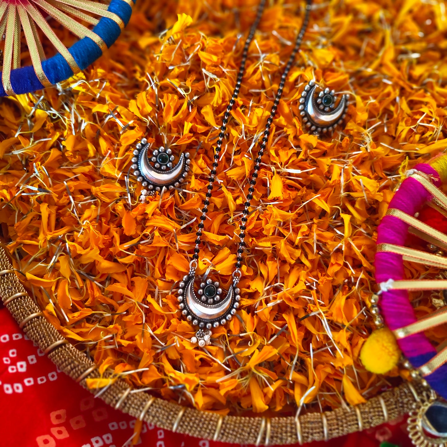Mangalsutra Necklace Set Handcrafted Chand And Flower Motif Pendant With Intricate Work  And Pearl Drops With Matching Earrings