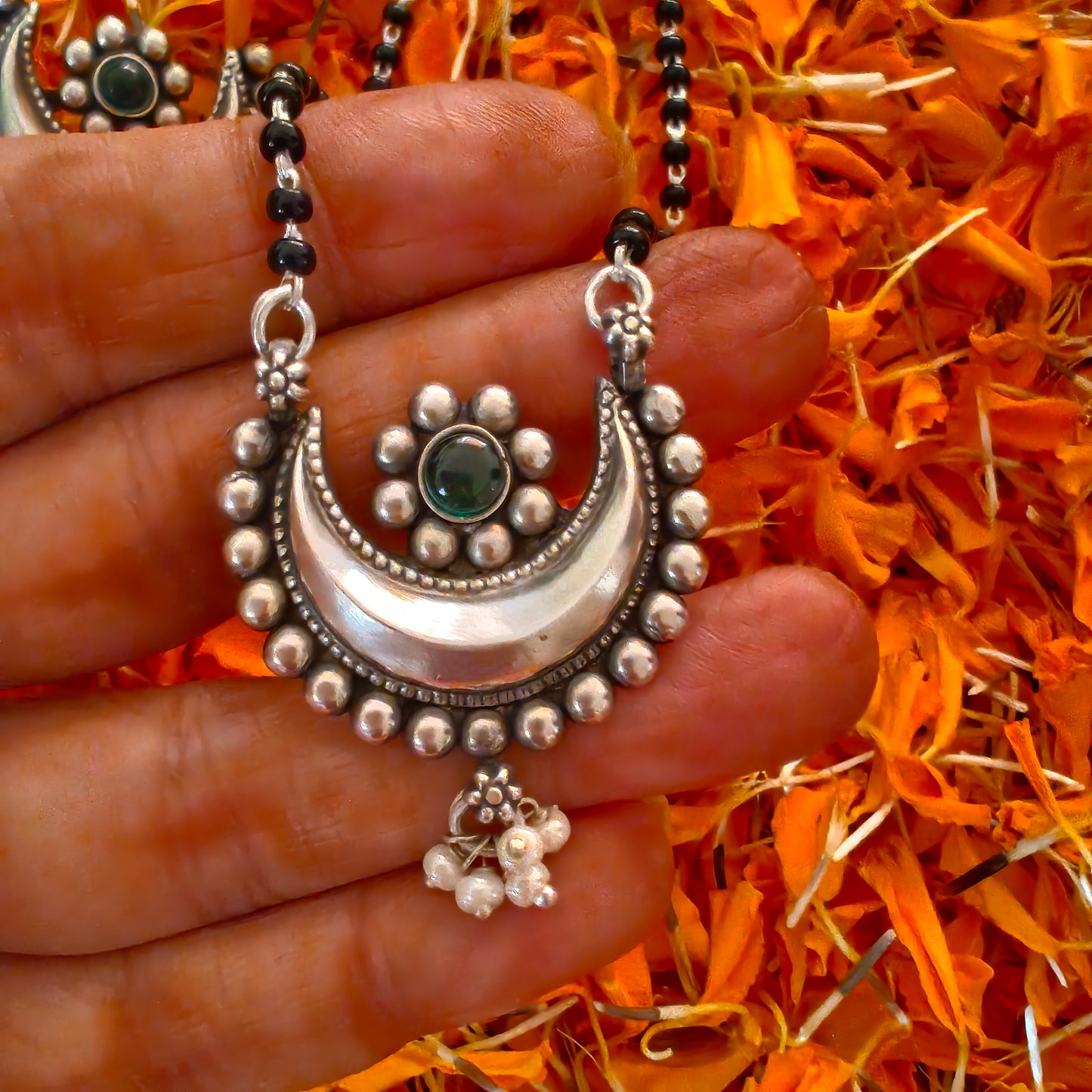 Mangalsutra Necklace Set Handcrafted Chand And Flower Motif Pendant With Intricate Work  And Pearl Drops With Matching Earrings