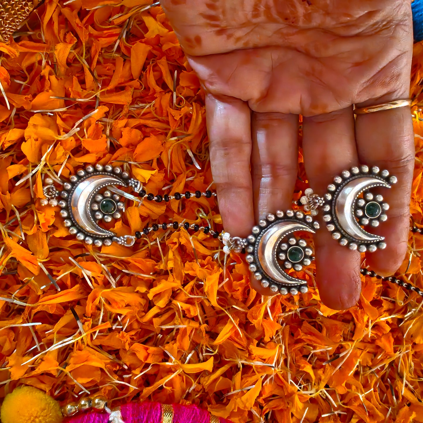 Mangalsutra Necklace Set Handcrafted Chand And Flower Motif Pendant With Intricate Work  And Pearl Drops With Matching Earrings