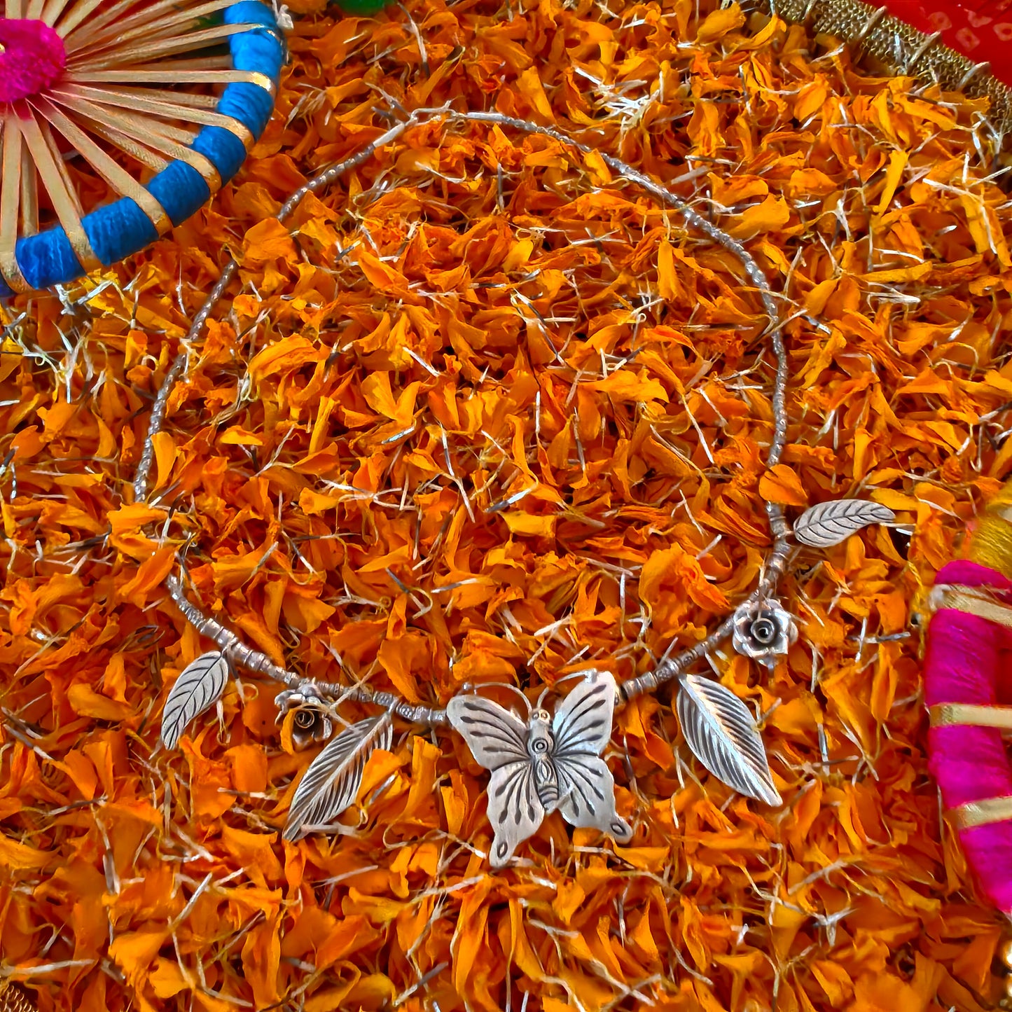 Statement Necklace with Handcrafted Butterfly Rose And Leaves Motifs Charms With Beaded Chain