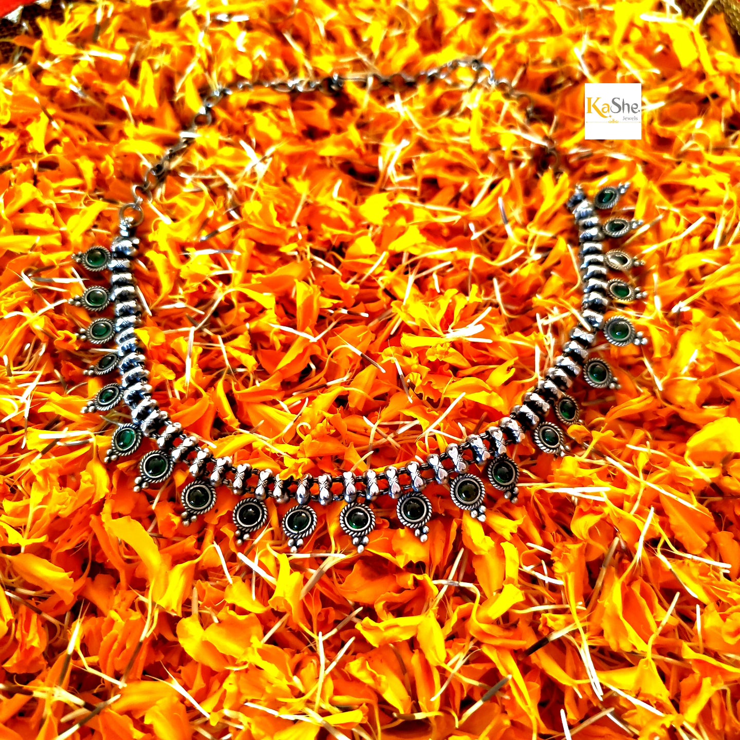 925 Silver Choker Temple Necklace Set With Intricate Design In Green Stone And Matching Stud  Earrings