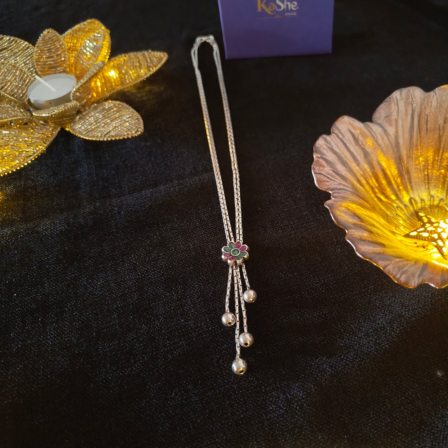 Versatile Pink Green Stone Flower Necklace With Ball Drops