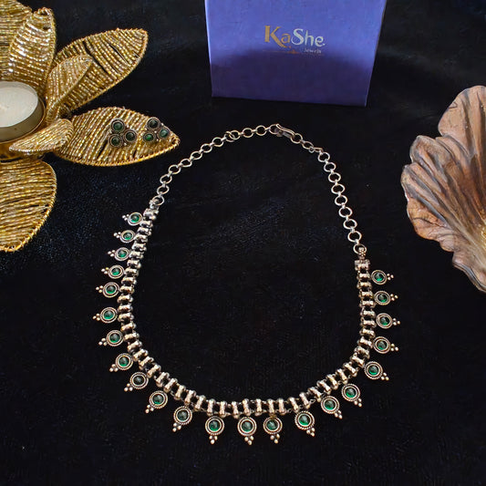 925 Silver Choker Temple Necklace Set With Intricate Design In Green Stone And Matching Stud  Earrings