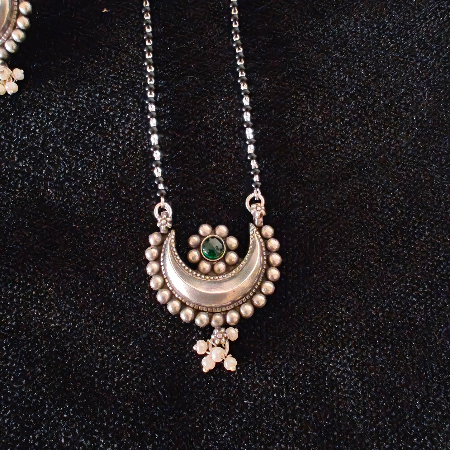 Mangalsutra Necklace Set Handcrafted Chand And Flower Motif Pendant With Intricate Work  And Pearl Drops With Matching Earrings