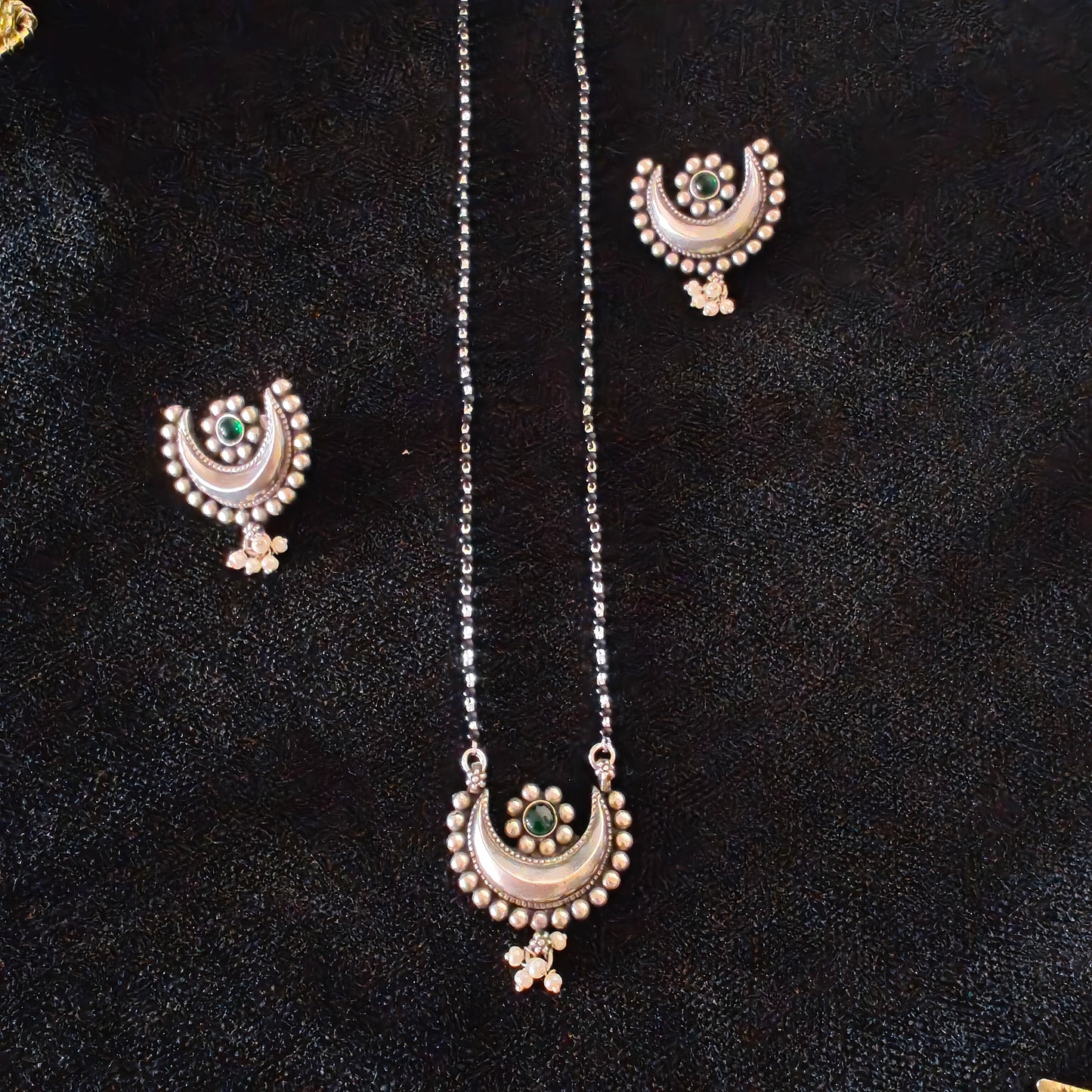 Mangalsutra Necklace Set Handcrafted Chand And Flower Motif Pendant With Intricate Work  And Pearl Drops With Matching Earrings