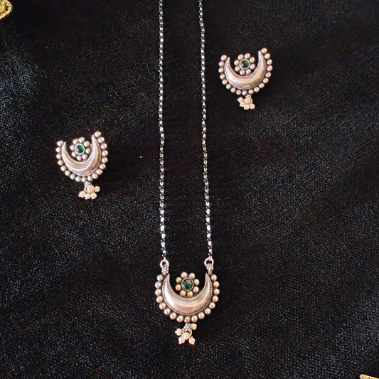 Mangalsutra Necklace Set Handcrafted Chand And Flower Motif Pendant With Intricate Work  And Pearl Drops With Matching Earrings