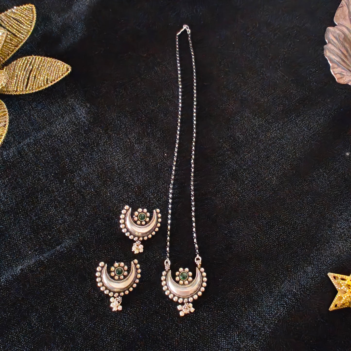Mangalsutra Necklace Set Handcrafted Chand And Flower Motif Pendant With Intricate Work  And Pearl Drops With Matching Earrings