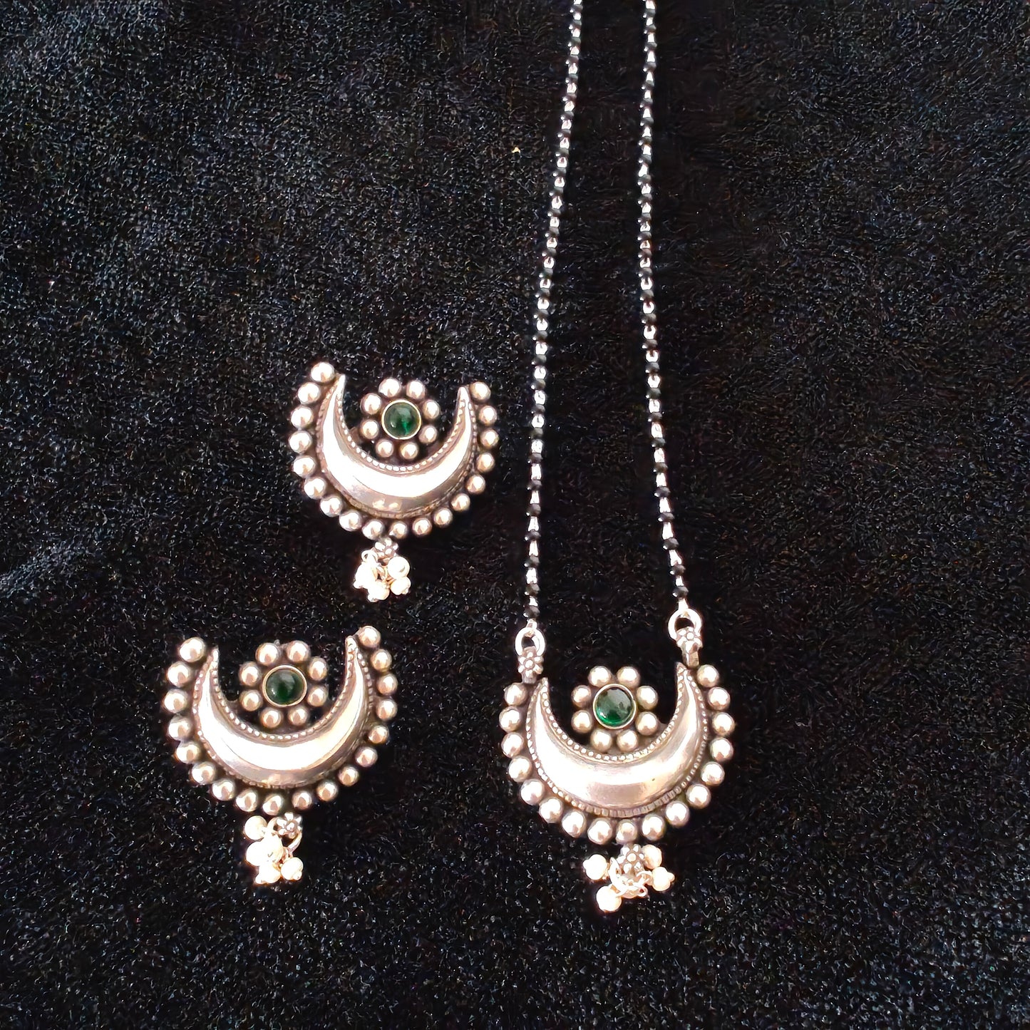 Mangalsutra Necklace Set Handcrafted Chand And Flower Motif Pendant With Intricate Work  And Pearl Drops With Matching Earrings