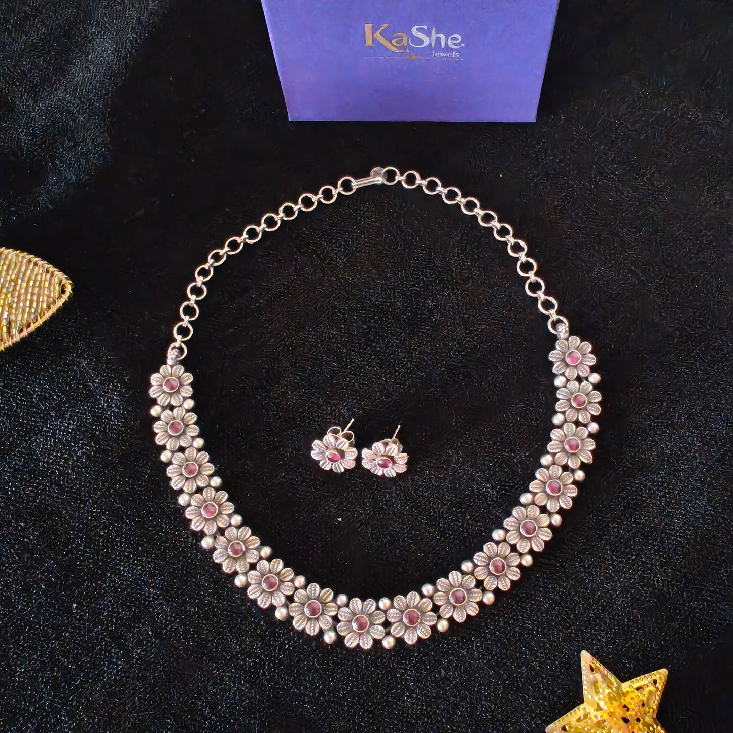 925 Silver Choker Temple Necklace Set With Intricate Design Red Stone And Matching Stud  Earrings