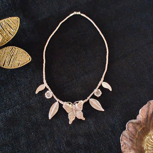Statement Necklace with Handcrafted Butterfly Rose And Leaves Motifs Charms With Beaded Chain