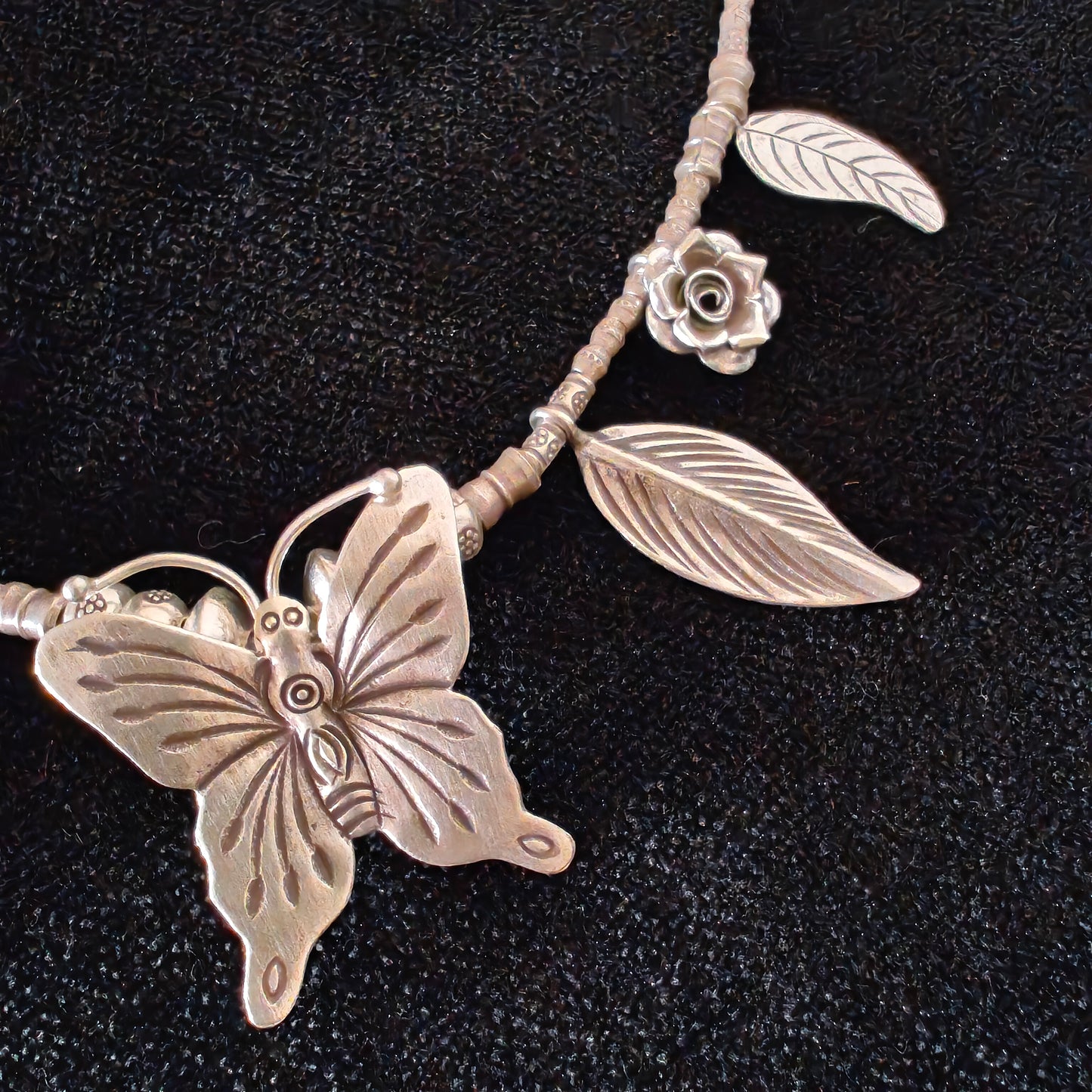Statement Necklace with Handcrafted Butterfly Rose And Leaves Motifs Charms With Beaded Chain
