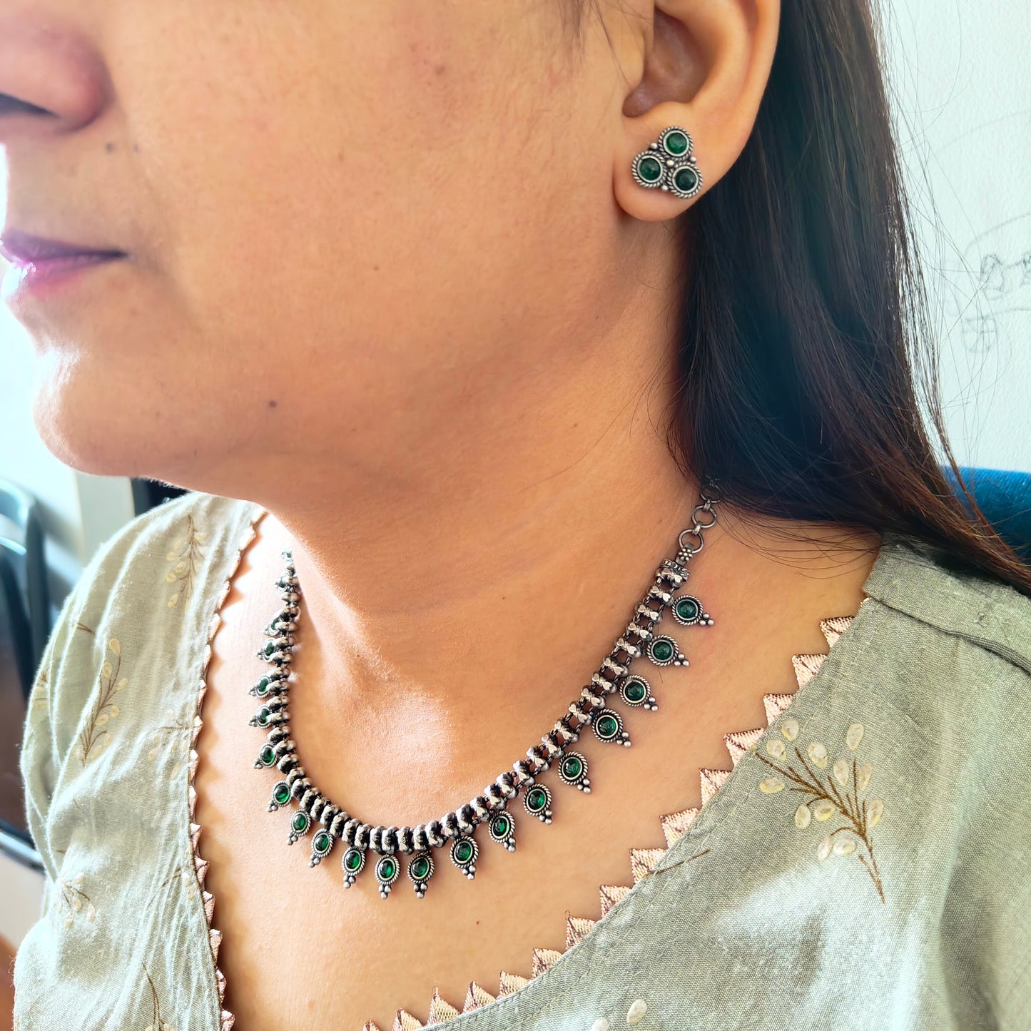 925 Silver Choker Temple Necklace Set With Intricate Design In Green Stone And Matching Stud  Earrings