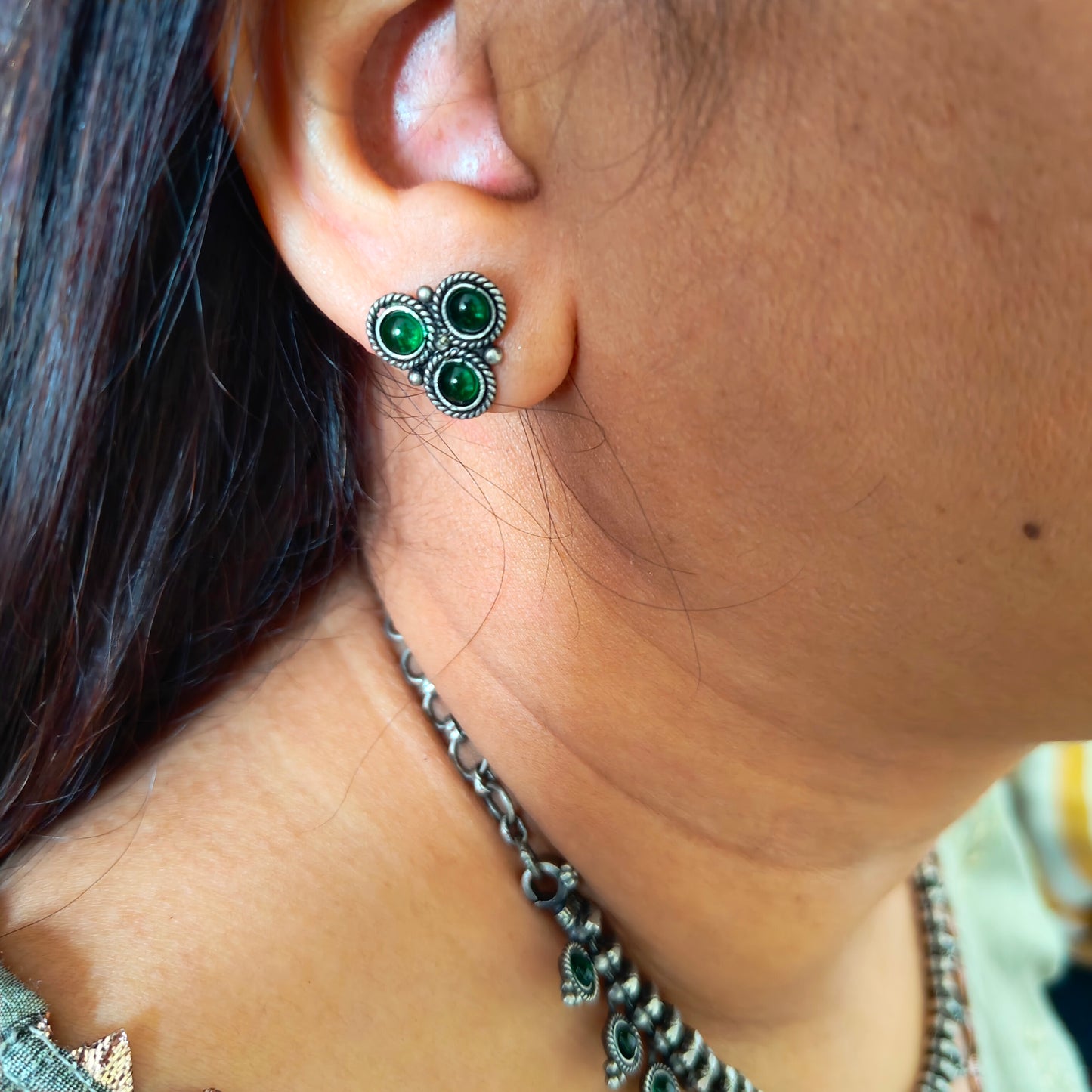 925 Silver Choker Temple Necklace Set With Intricate Design In Green Stone And Matching Stud  Earrings