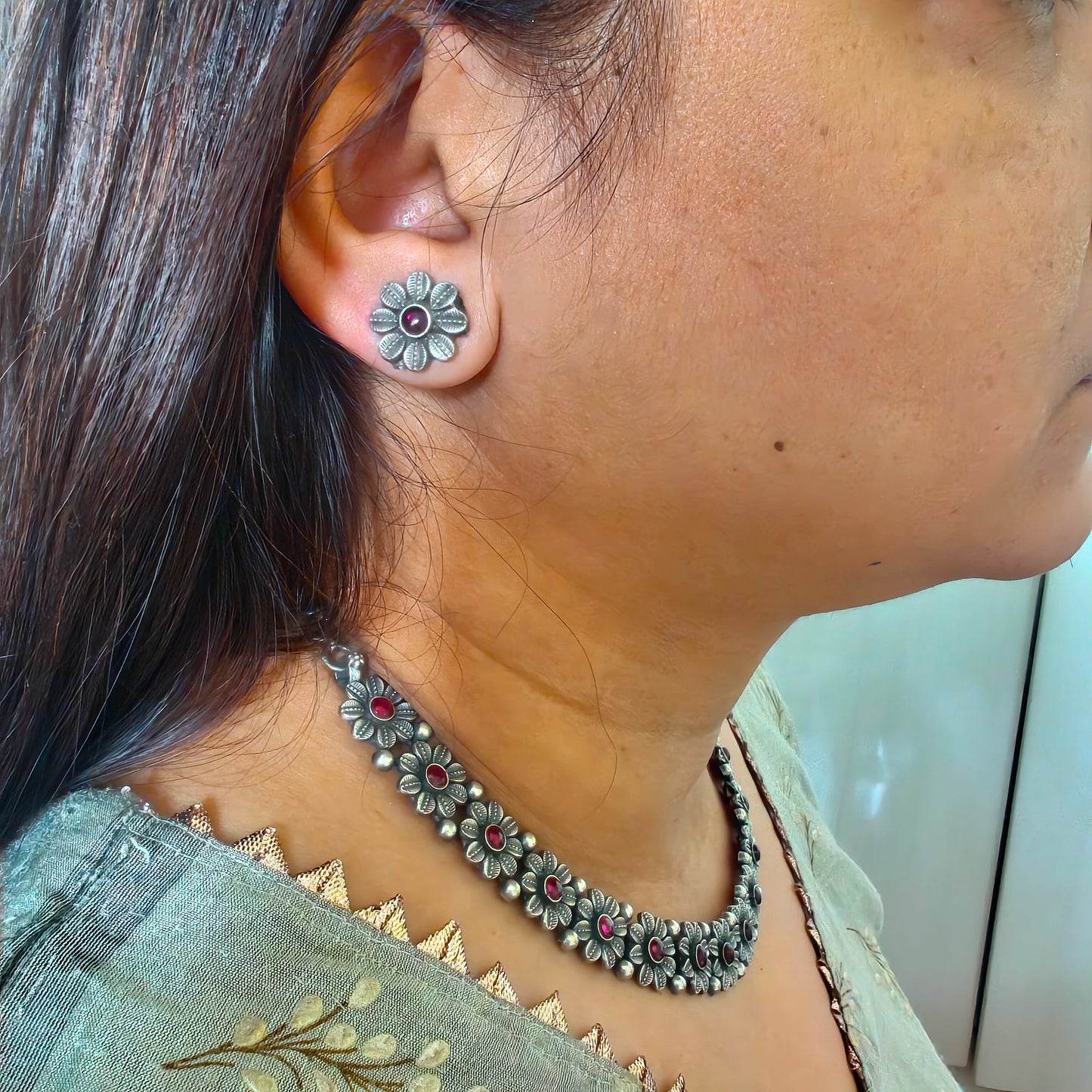 925 Silver Choker Temple Necklace Set With Intricate Design Red Stone And Matching Stud  Earrings