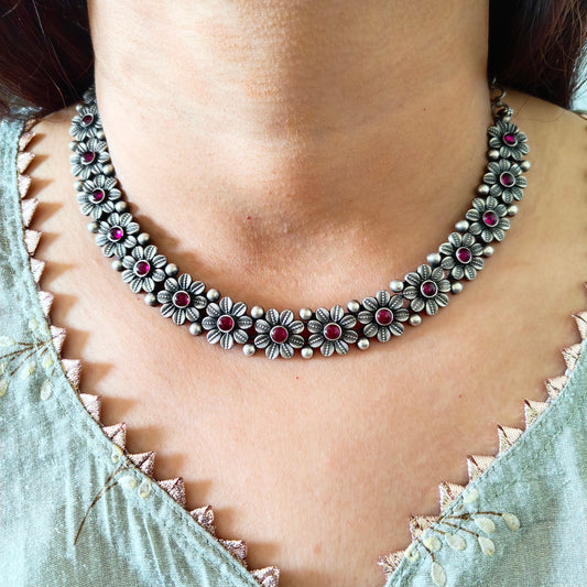 925 Silver Choker Temple Necklace Set With Intricate Design Red Stone And Matching Stud  Earrings