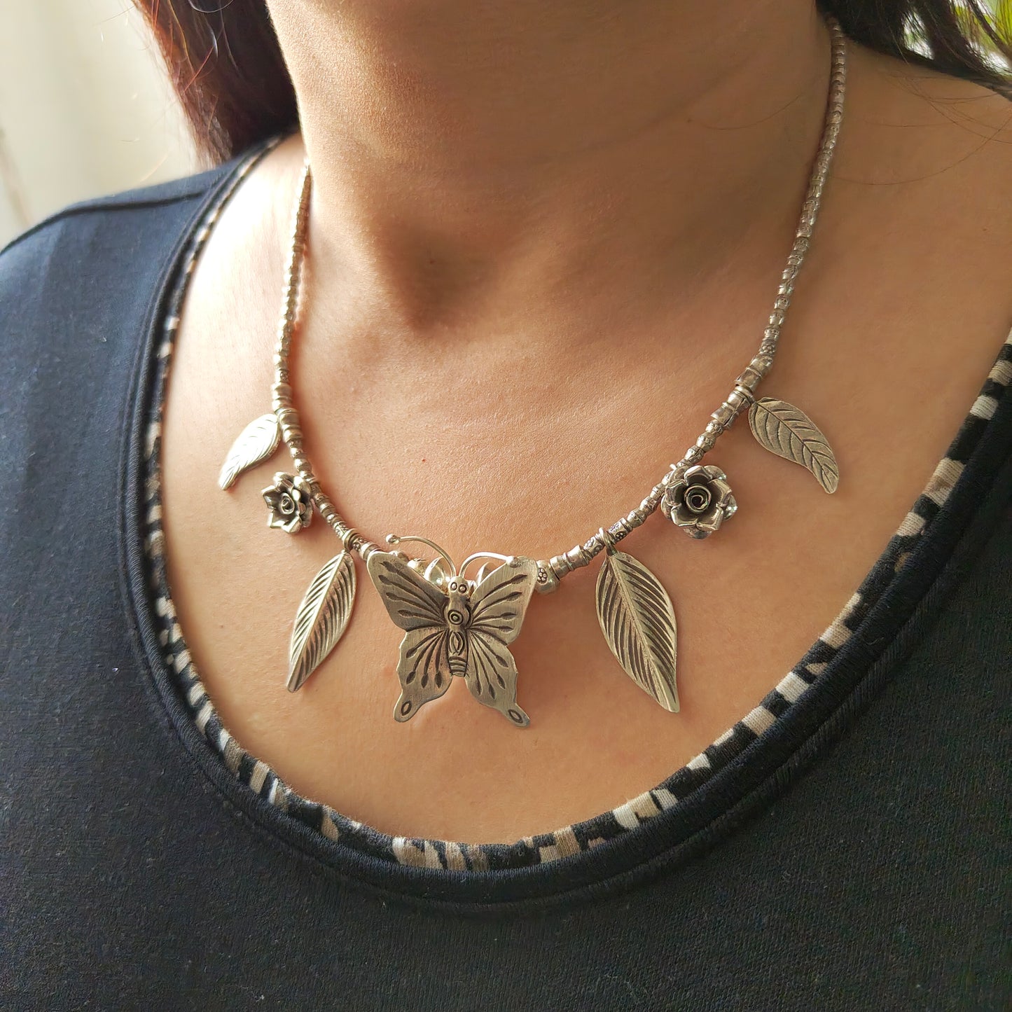 Statement Necklace with Handcrafted Butterfly Rose And Leaves Motifs Charms With Beaded Chain