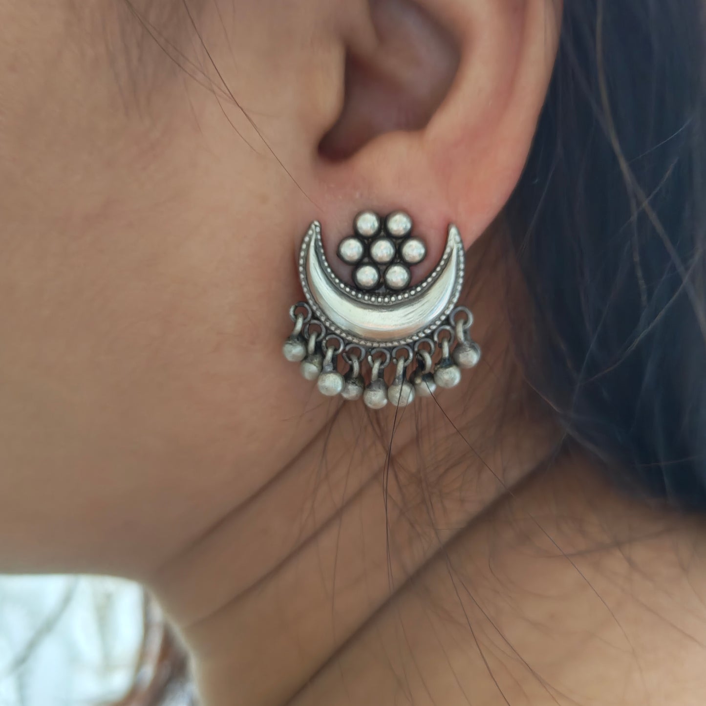 925 Silver Kudi Flower Stud One Chand Dangler Temple Earrings With Intricate carvings Silver Ball Drops