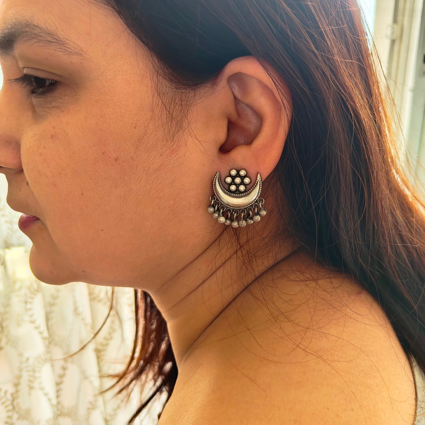 925 Silver Kudi Flower Stud One Chand Dangler Temple Earrings With Intricate carvings Silver Ball Drops