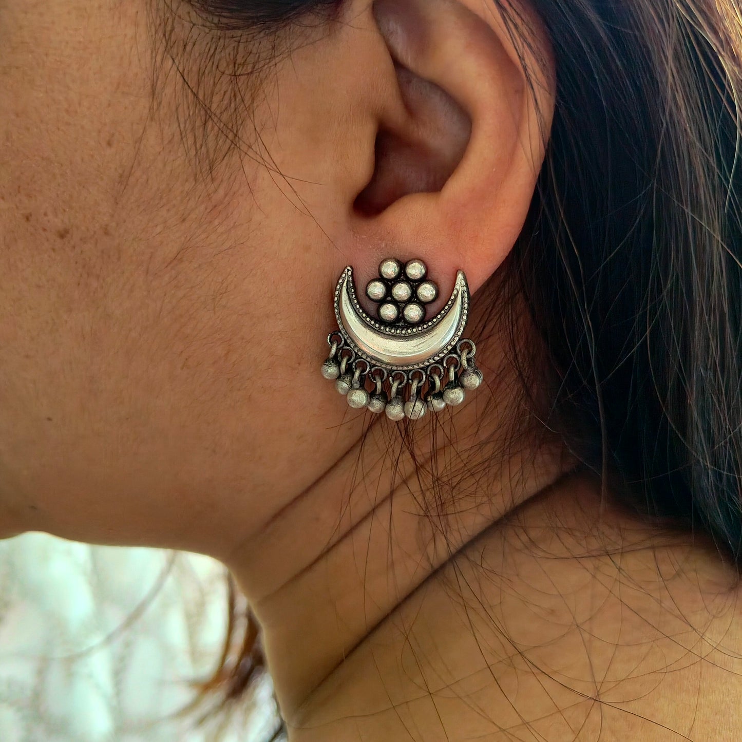 925 Silver Kudi Flower Stud One Chand Dangler Temple Earrings With Intricate carvings Silver Ball Drops