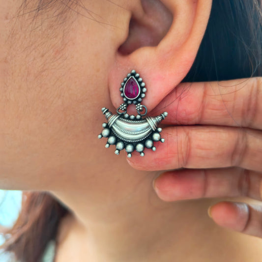 925 Silver Red Stone Pear Stud One Chand Dangler Temple Earrings With Intricate Ball Carvings