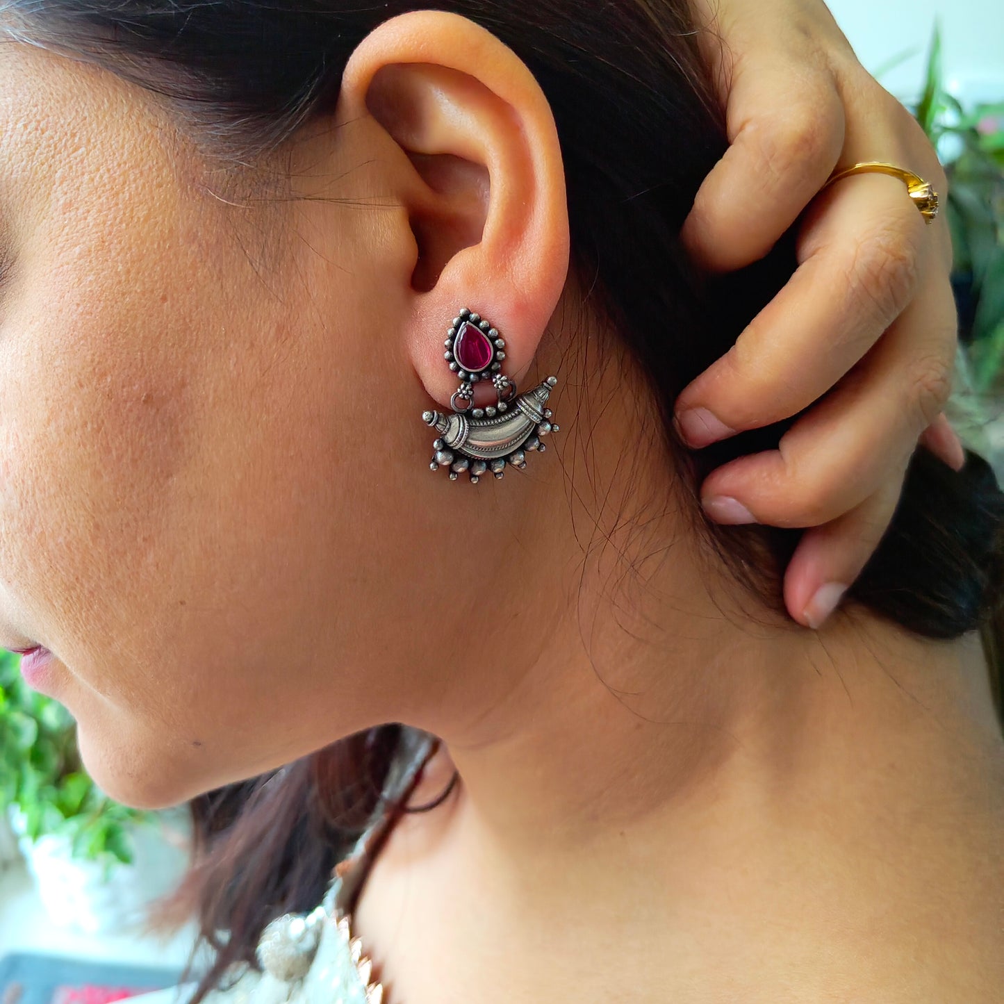 925 Silver Red Stone Pear Stud One Chand Dangler Temple Earrings With Intricate Ball Carvings