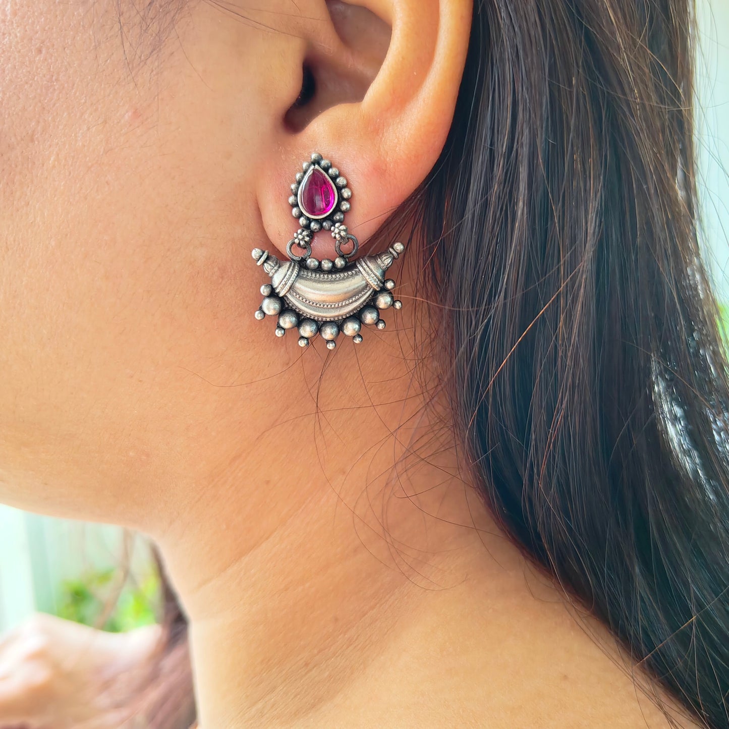 925 Silver Red Stone Pear Stud One Chand Dangler Temple Earrings With Intricate Ball Carvings