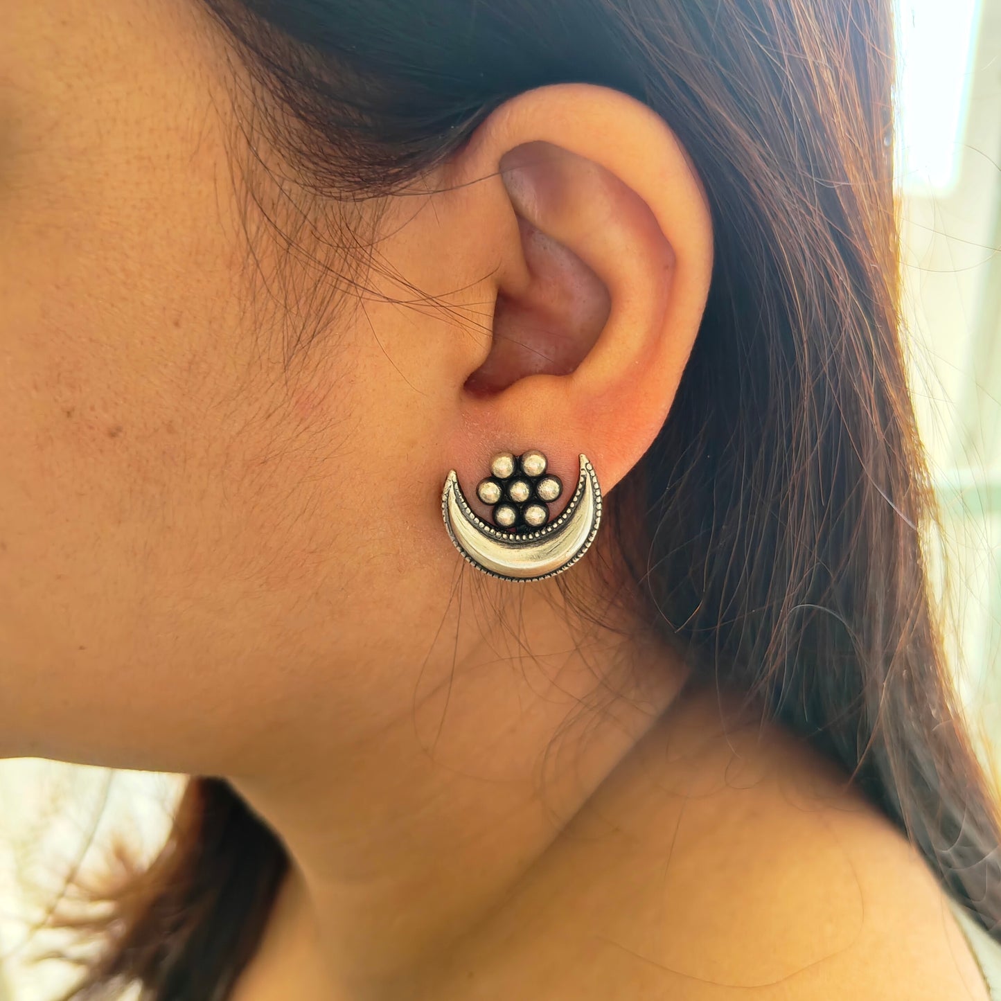 925 Silver Kudi Flower Stud One Chand Dangler Temple Earrings With Intricate Carvings