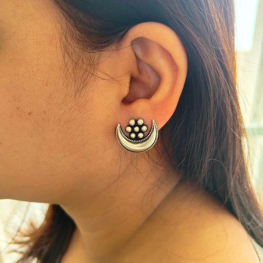 925 Silver Kudi Flower Stud One Chand Dangler Temple Earrings With Intricate Carvings